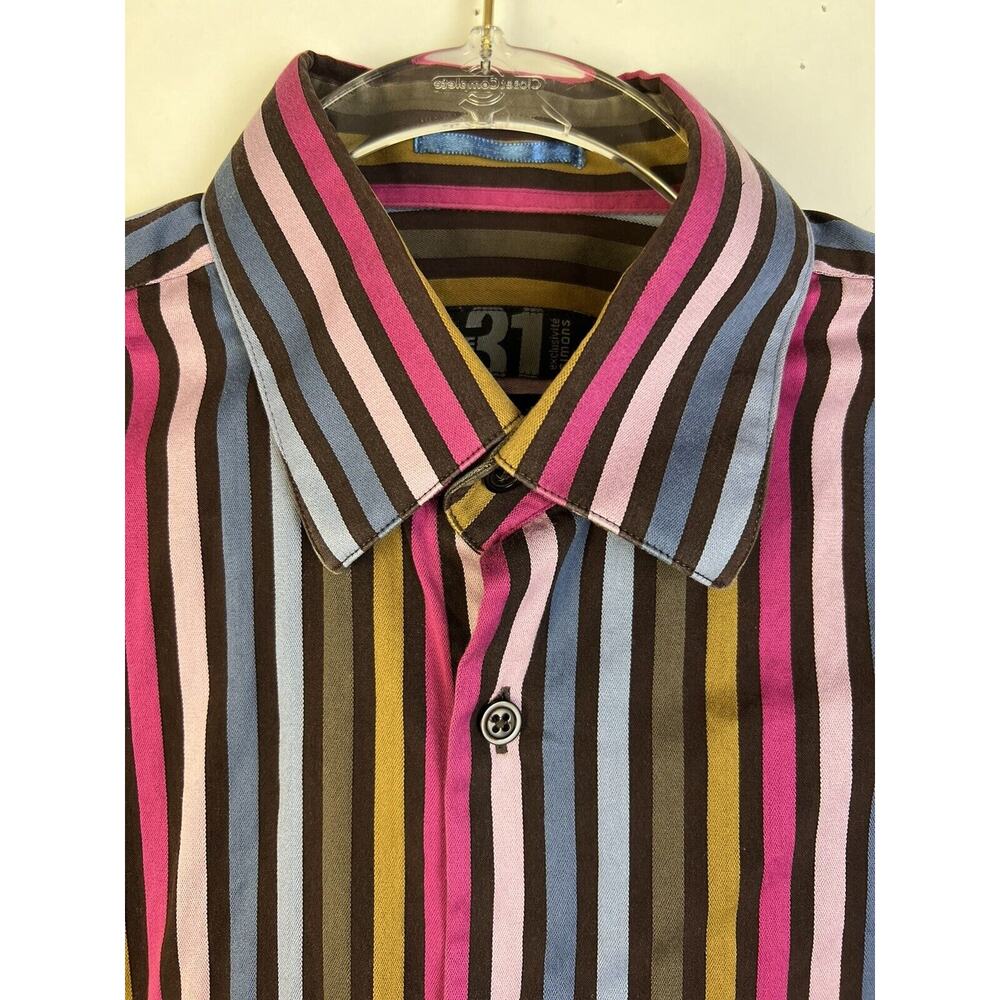 Le 31 Simon's Slim Fit Shirt Men's 15 R Multi Color Stripe Black Button Front